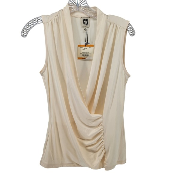 Anne Klein Tops - Anne Klein Womens Cream Draped Surplice Ruched Sleeveless Blouse Top Small NEW